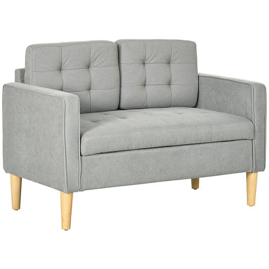 Modern 2 Seater Sofa with Hidden Storage, 117cm Tufted Cotton Couch with Wood Legs, Compact Loveseat for Living Room, Kitchen, Light Grey