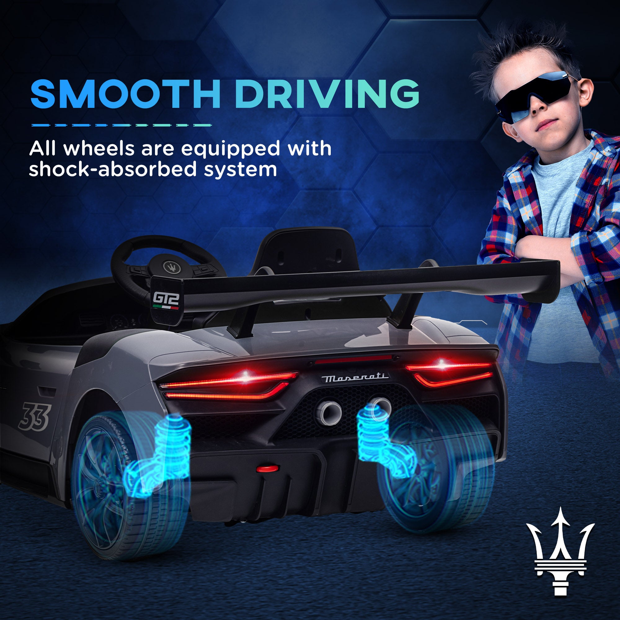 AIYAPLAY Maserati GT2 Licensed 12V Kids Electric Ride on Car with 4 Suspension Wheels, Remote Control, Music, Horn, Lights, Grey