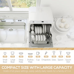 Table Top Dishwasher with Built-in 6L Water Tank, Mini Countertop Dishwasher with 6 Programs, 4 Place Settings, White