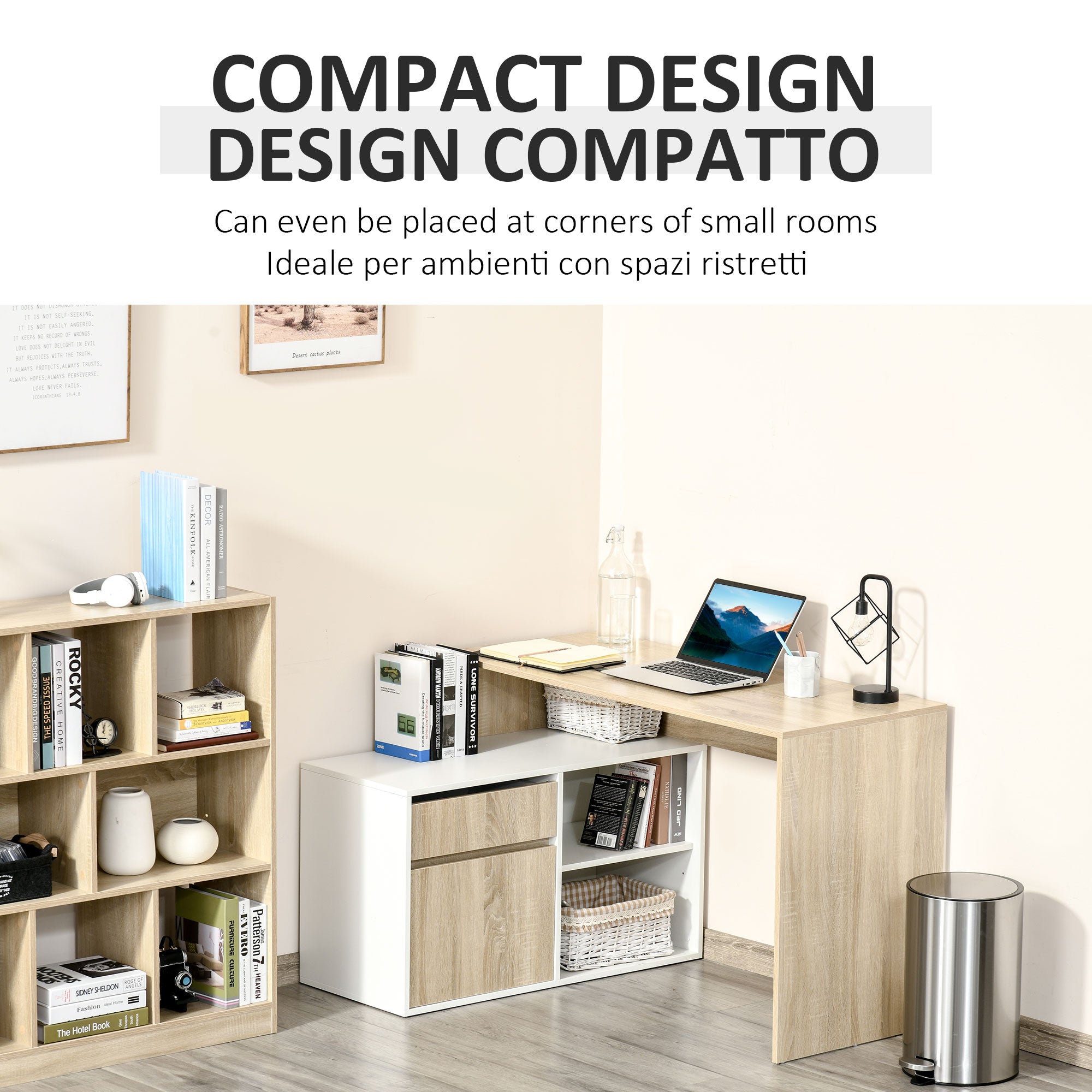 Fynco - L-Shaped Desk, Corner Computer Desk with Storage Drawer, Adjustable Shelf, Cabinet for Home Office and Study, 120 x 92 x 75cm, Oak and White