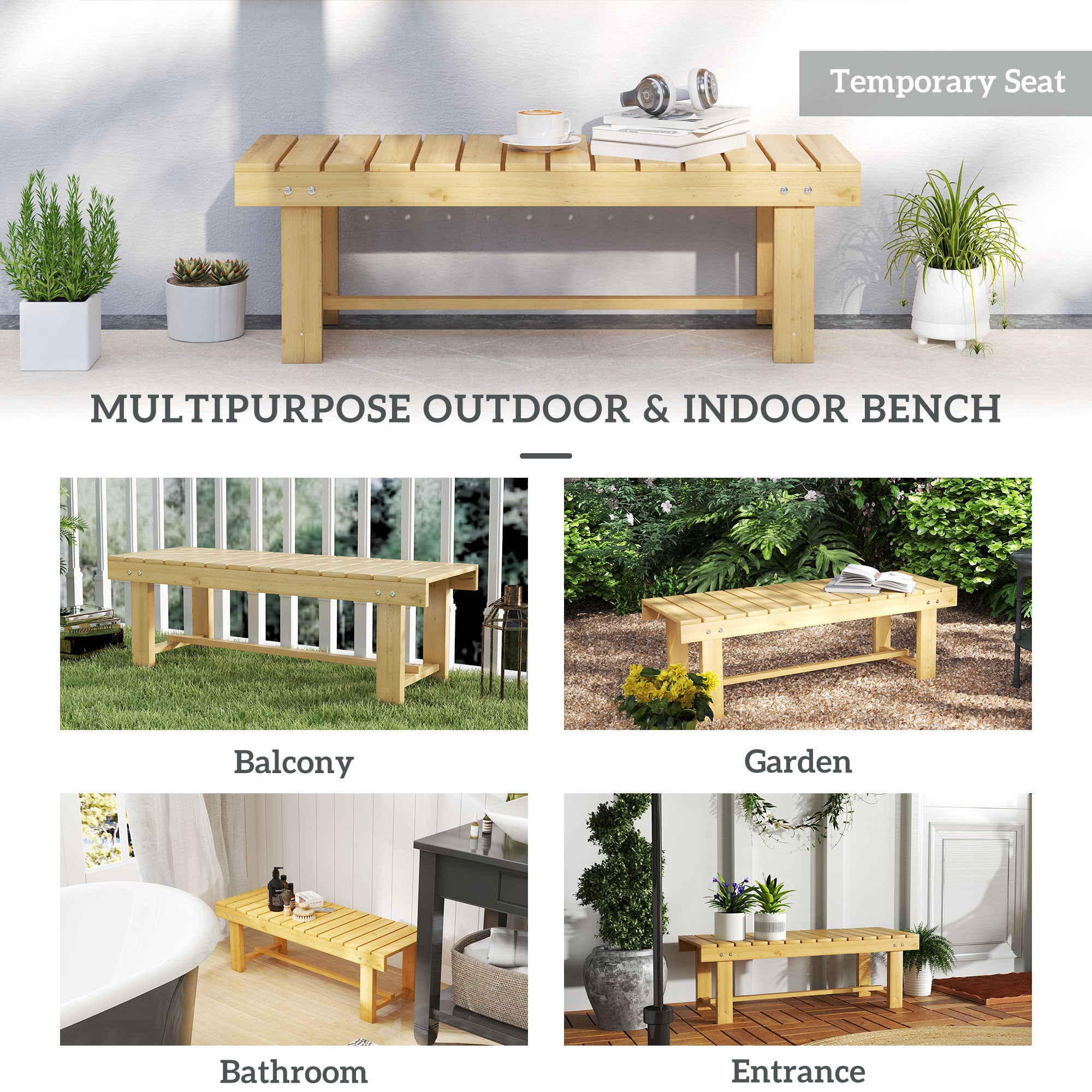 1 Piece 2-seater Outdoor Indoor Wooden Garden Bench Fir Patio Loveseat, 110L x 38W x 35Hcm, Natural