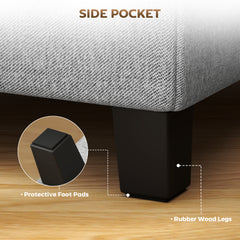 Fynco - Square Footstool, Small Ottoman with Side Pocket, Linen Fabric Footrest Foot Stool with Rubber Wood Legs and Padded Seat for Living Room, Bedroom, Entryway, 35 x 35 x 35cm, Light Grey