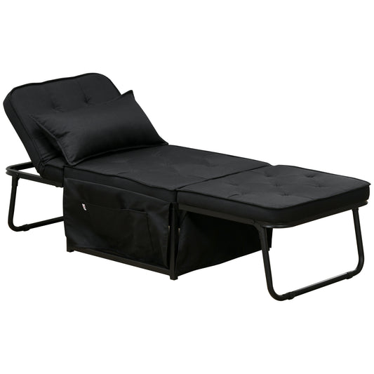 Fabric Sleeper Chair, Folding Chair Bed with Adjustable Backrest, Pillow, Side Pockets for Living Room, Black