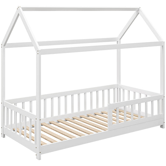 House-Shaped Kids Bed Frame with Safety Fence, Solid Pine Wood Single Bed Frame for Kids Boys and Girls
