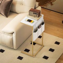 C-Shaped Bedside Table with Charging Station, Marble Grain Side Table with Power Outlets & USB Ports, Storage Bags, for Bedroom, Living Room, White