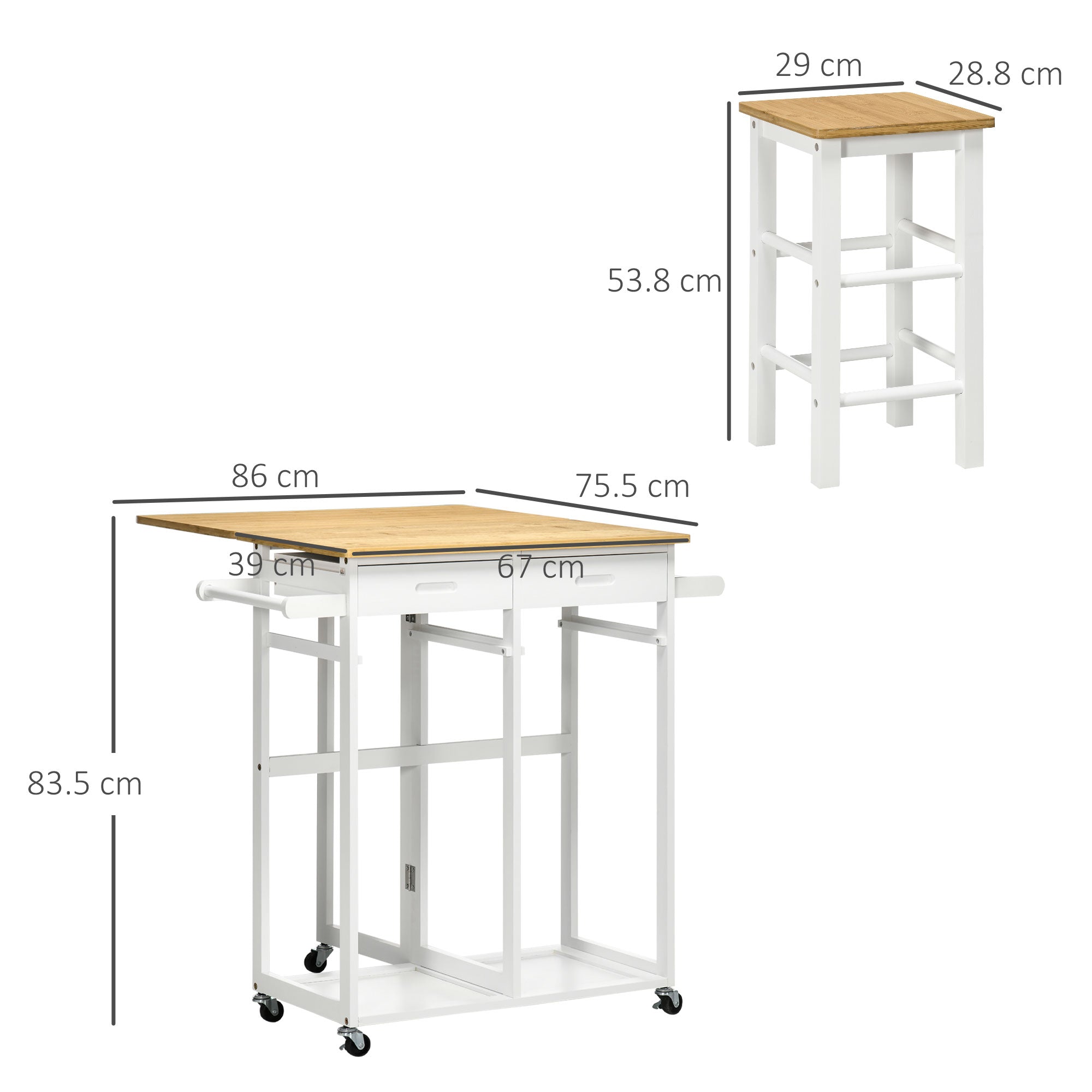 Fynco - Kitchen Island Set with 2 Stools, Bamboo Breakfast Cart with Drop Leaf Top, Drawers and Towel Rack, Rolling Kitchen Cart and Chairs Set, White
