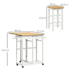 Fynco - Kitchen Island Set with 2 Stools, Bamboo Breakfast Cart with Drop Leaf Top, Drawers and Towel Rack, Rolling Kitchen Cart and Chairs Set, White
