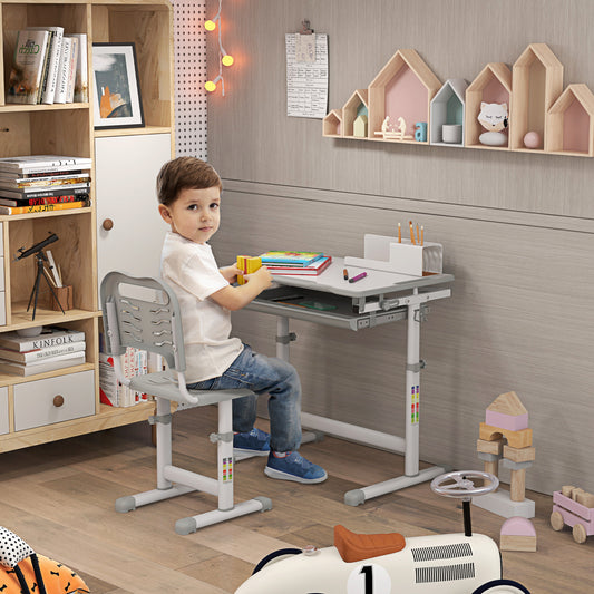 Kids Desk and Chair Set, Student Adjustable Writing Desk, with Drawer, Pen Slot, Hook - Grey