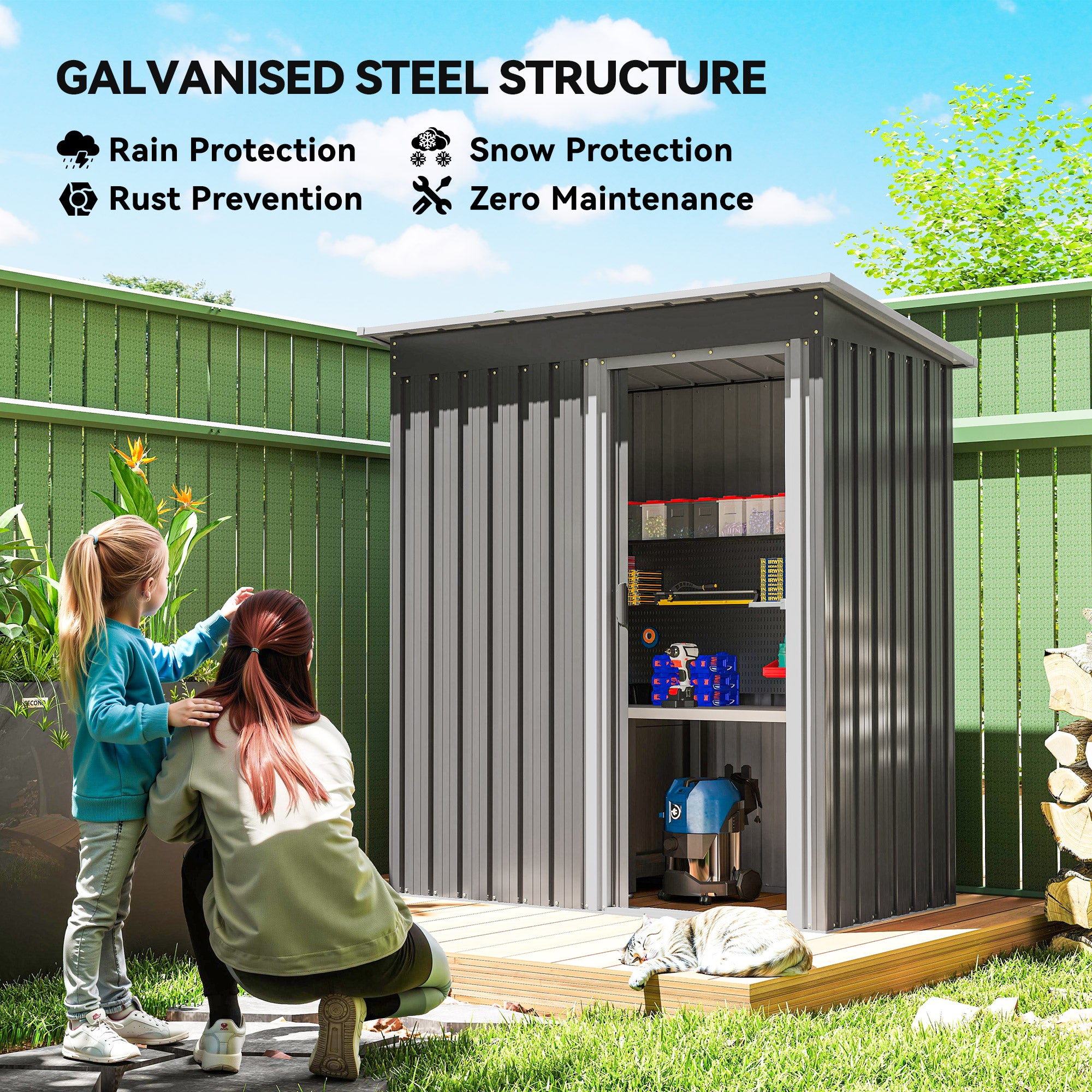 Fynco - 5x3 Storage Shed with Sliding Door and Sloped Roof for Garden, Light Grey