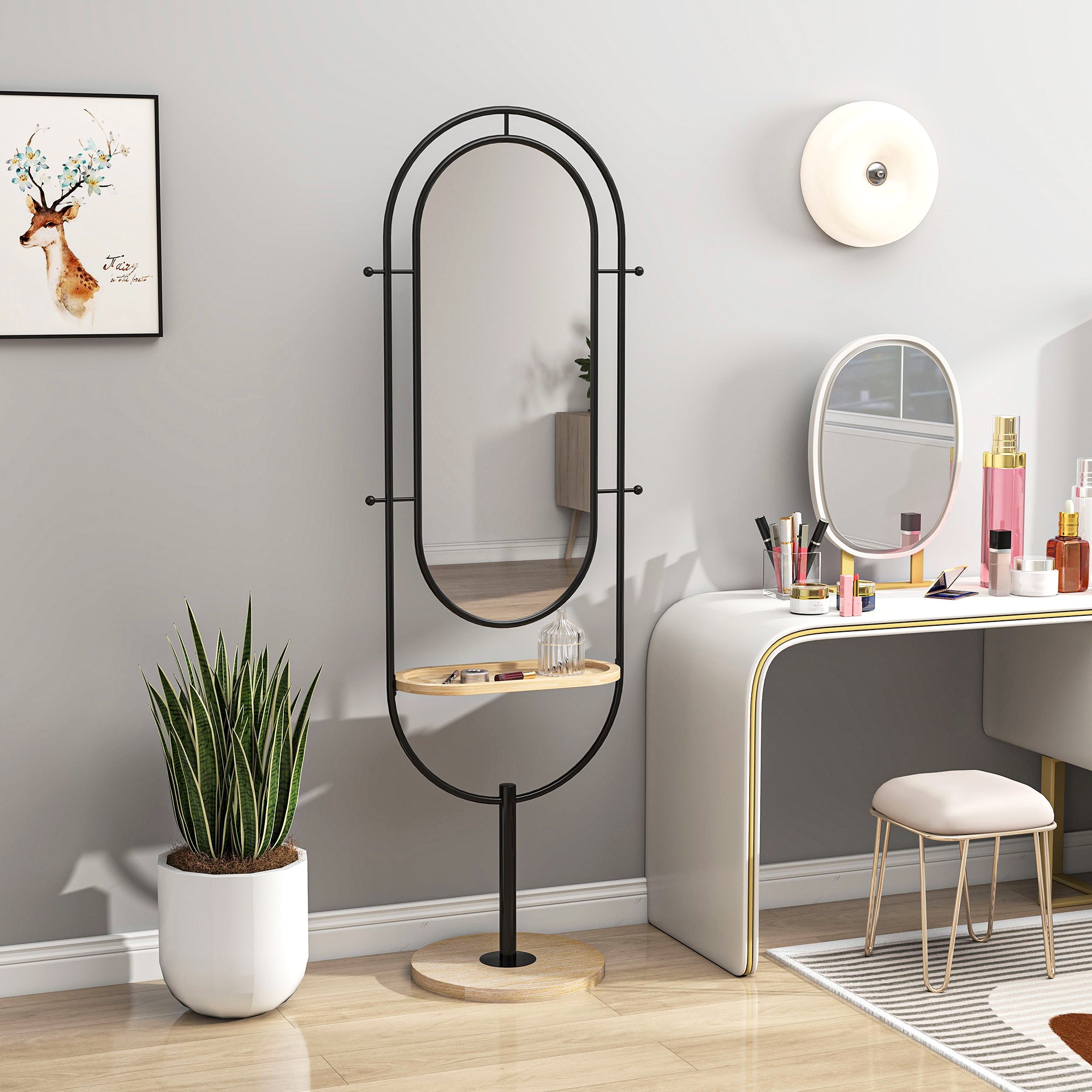 Oval Full Length Mirror with Wooden Tray and 4 Hooks - Black