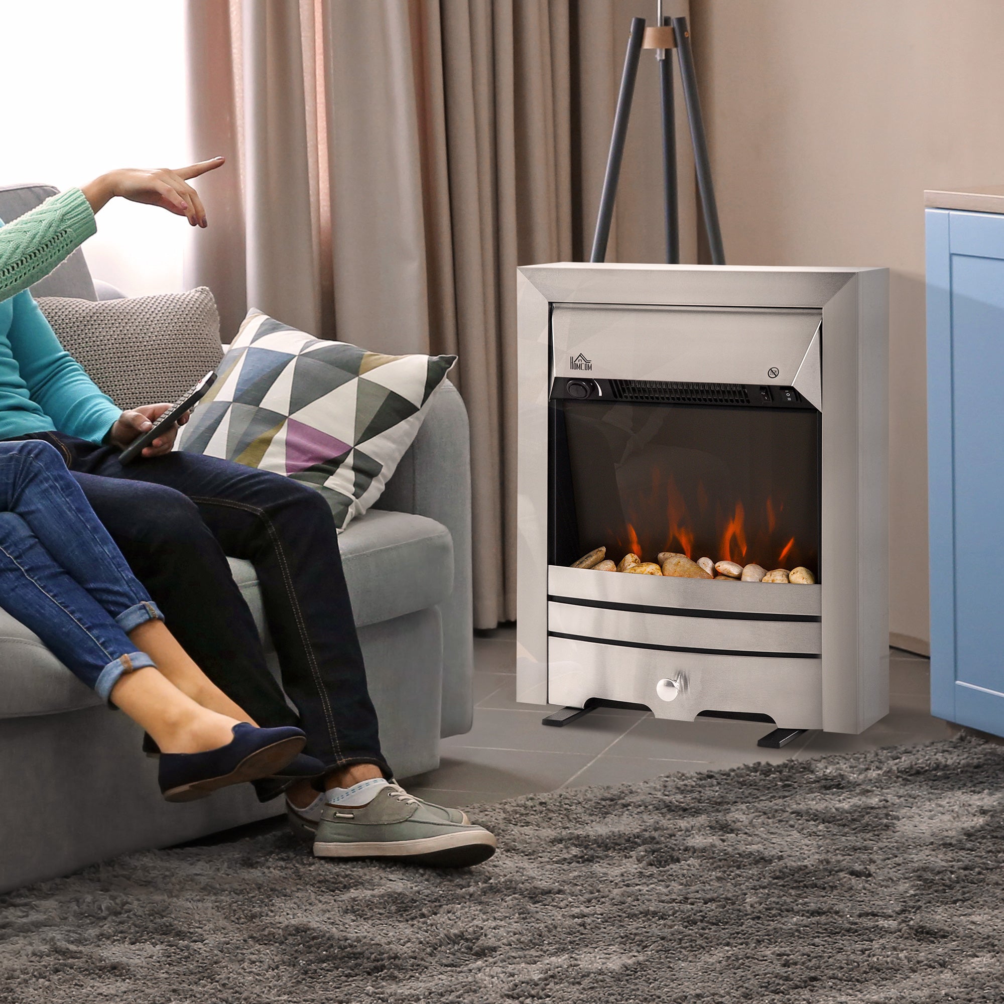 Fynco - 2KW Stainless Steel Electric Fireplace Pebble Burning Effect Heater Fire Flame Indoor Stove LED Lighting