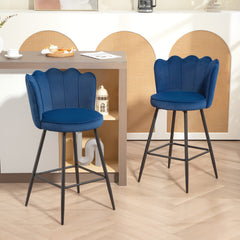 Fynco - Set of Two Velvet-Feel Lotus Bar Stools - Dark Blue