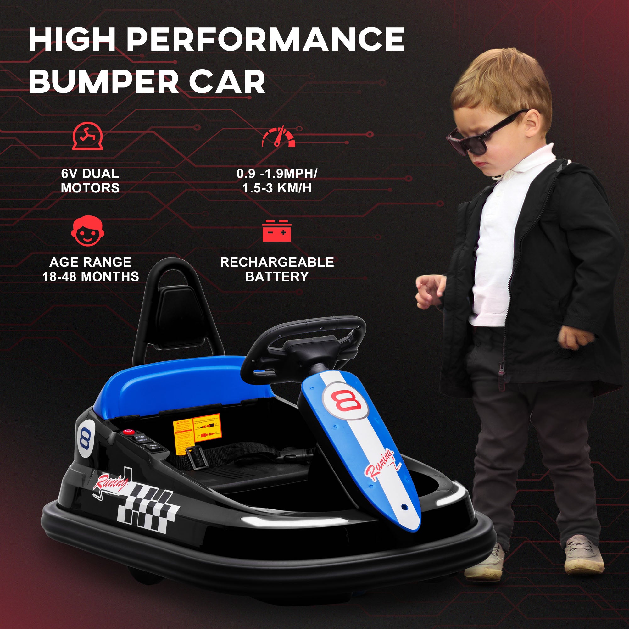 6V Electric Kids Bumper Car, 6V Spin Waltz Car, with Music, Horn, Lights - Black