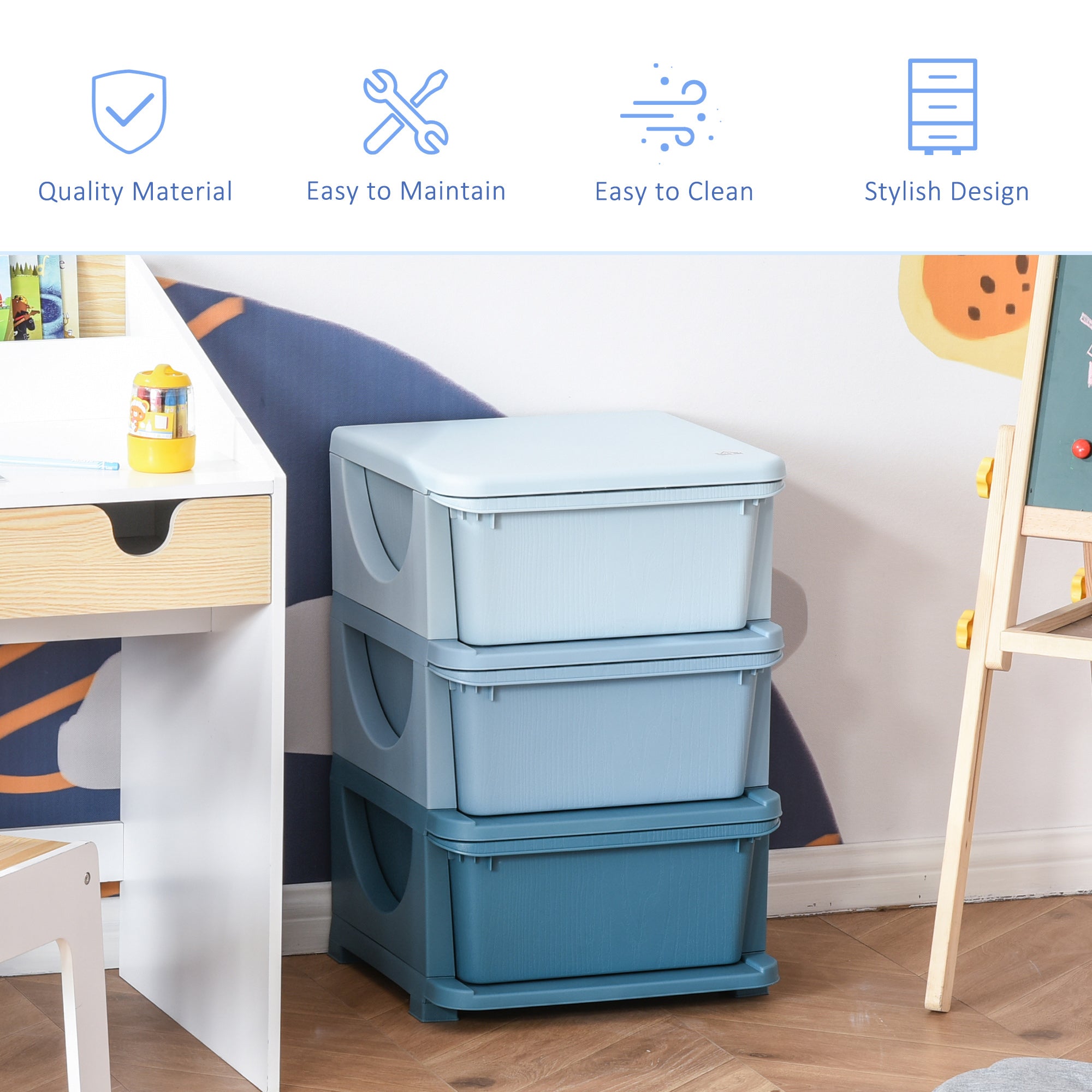 Kids Storage Units with 3 Drawers 3 Tier Chest Vertical Dresser Tower Toy Organiser for Nursery Playroom Kindergarten Blue