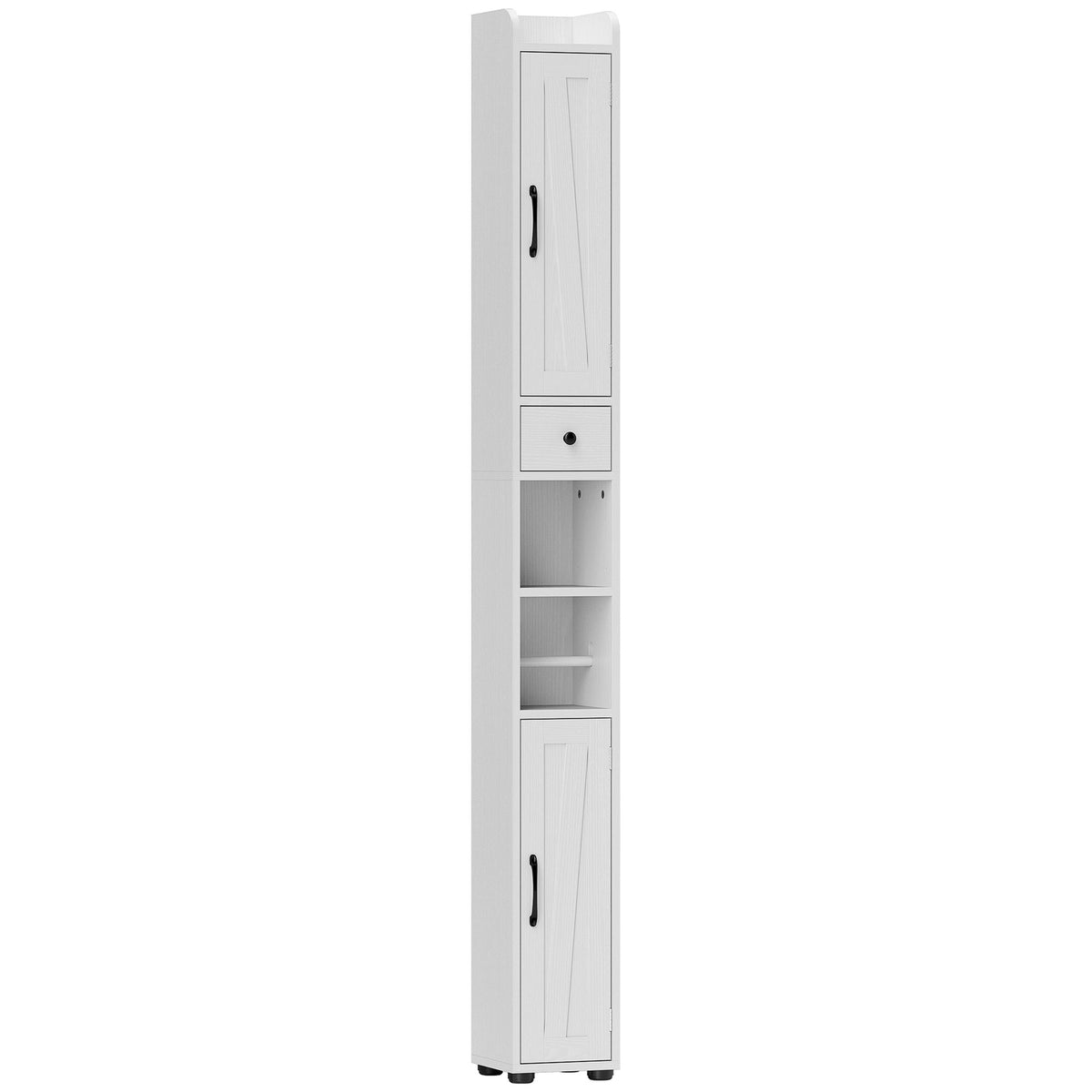 Fynco - Tall Bathroom Cabinet, Farmhouse Slim Bathroom Storage Cabinet with Barn Doors, Toilet Paper Roll Holder, Drawer and Adjustable Shelves, Narrow Bathroom Storage Unit, 20 x 20 x 185cm, White