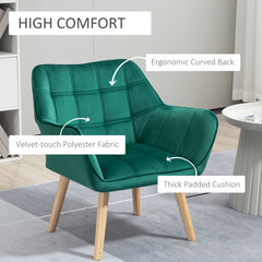 Armchair Accent Chair, Vanity Chair with Wide Arms, Slanted Back, Padding, Metal Frame, Wooden Legs, Home Bedroom Furniture Seating, Set of 2, Green