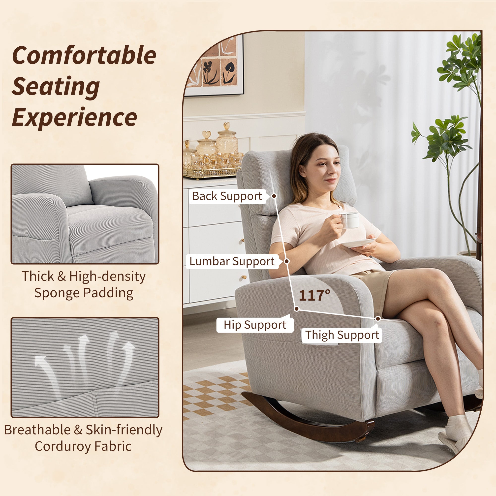 Fynco - Corduroy Rocking Armchair - Grey