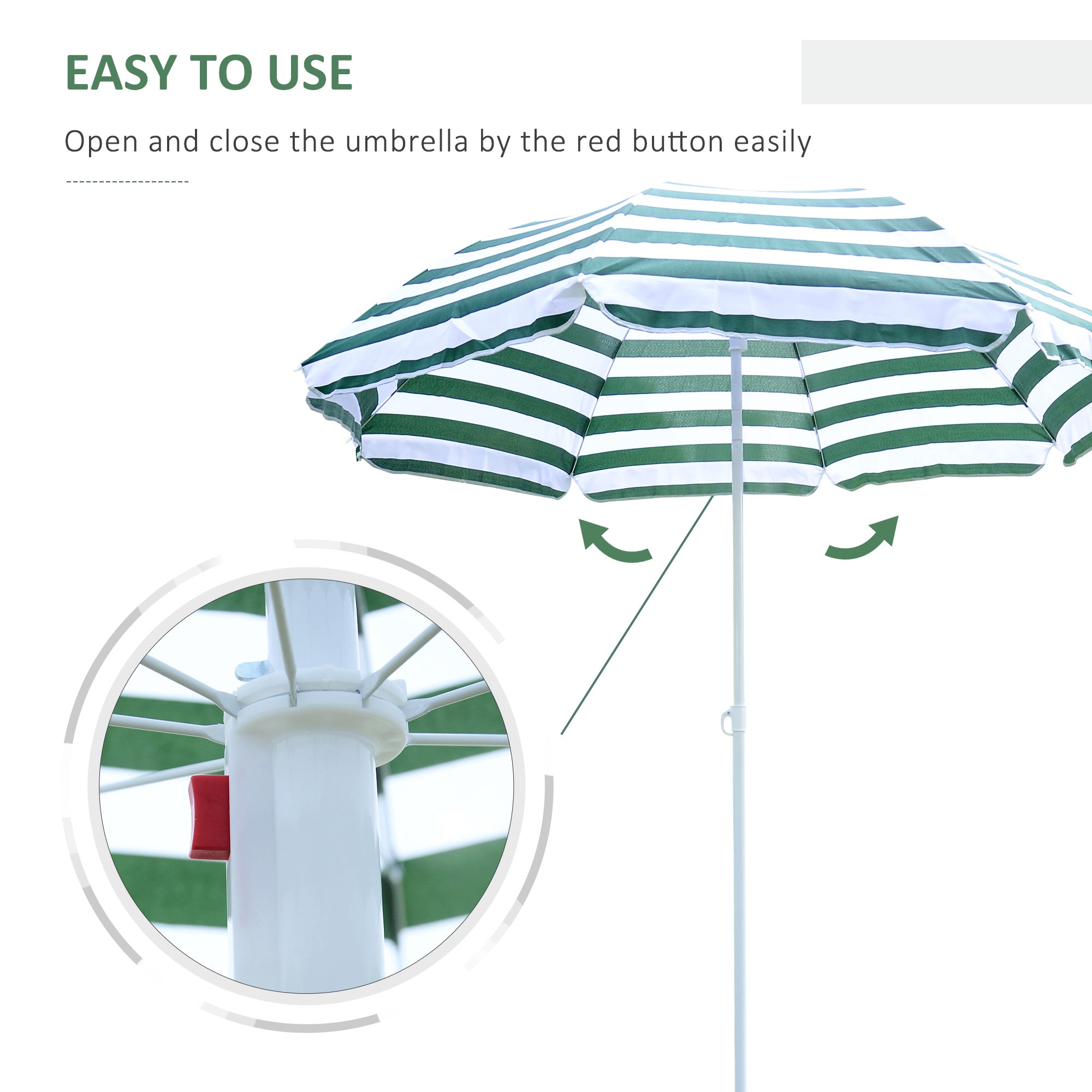 1.8m Beach Parasol Umbrella with Tilt Canopy, Lightweight Patio Garden Sunshade with 8 Ribs, Green & White Stripe