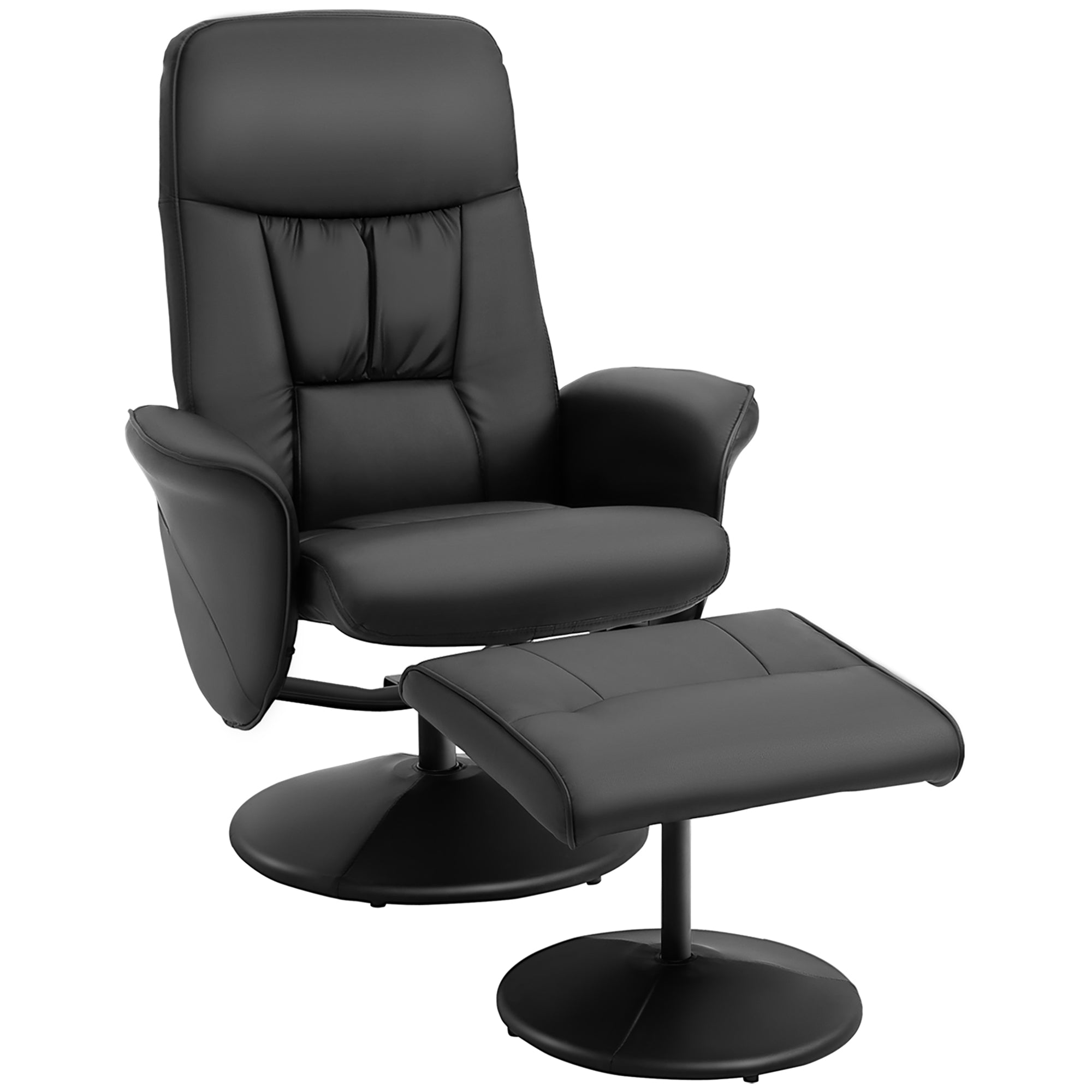 Swivel Recliner Chair with Footstool, PU Leather Armchair and Ottoman with High Back and Round Base for Living Room, Black