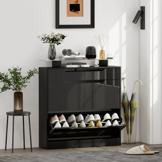 Fynco - Shoe Storage Cabinet with Slide Out Drawer, 2 Flip Doors, Tempered Glass Top - Black