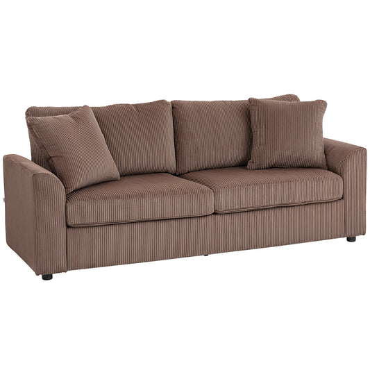 Modern 3 Seater Sofa with Spring Cushion, 212 cm Fabric Jumbo Cord Sofa Couch with 2 Scatter Cushions, Upholstered Corduroy Settee for Living Room, Bedroom, Home Office, Coffee