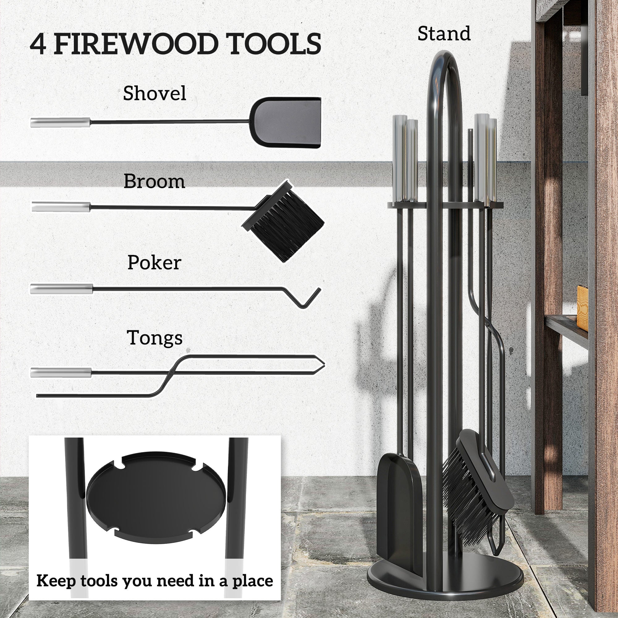 Fynco - 5 Pieces Fireplace Tools Set, Metal Fireplace Accessories Fireside Companion Set with Broom, Shovel, Poker and Bucket, Silver