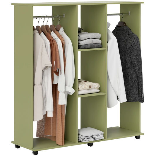 Open Wardrobe Double Mobile Storage Shelves Organizer W/6 Wheels-Green
