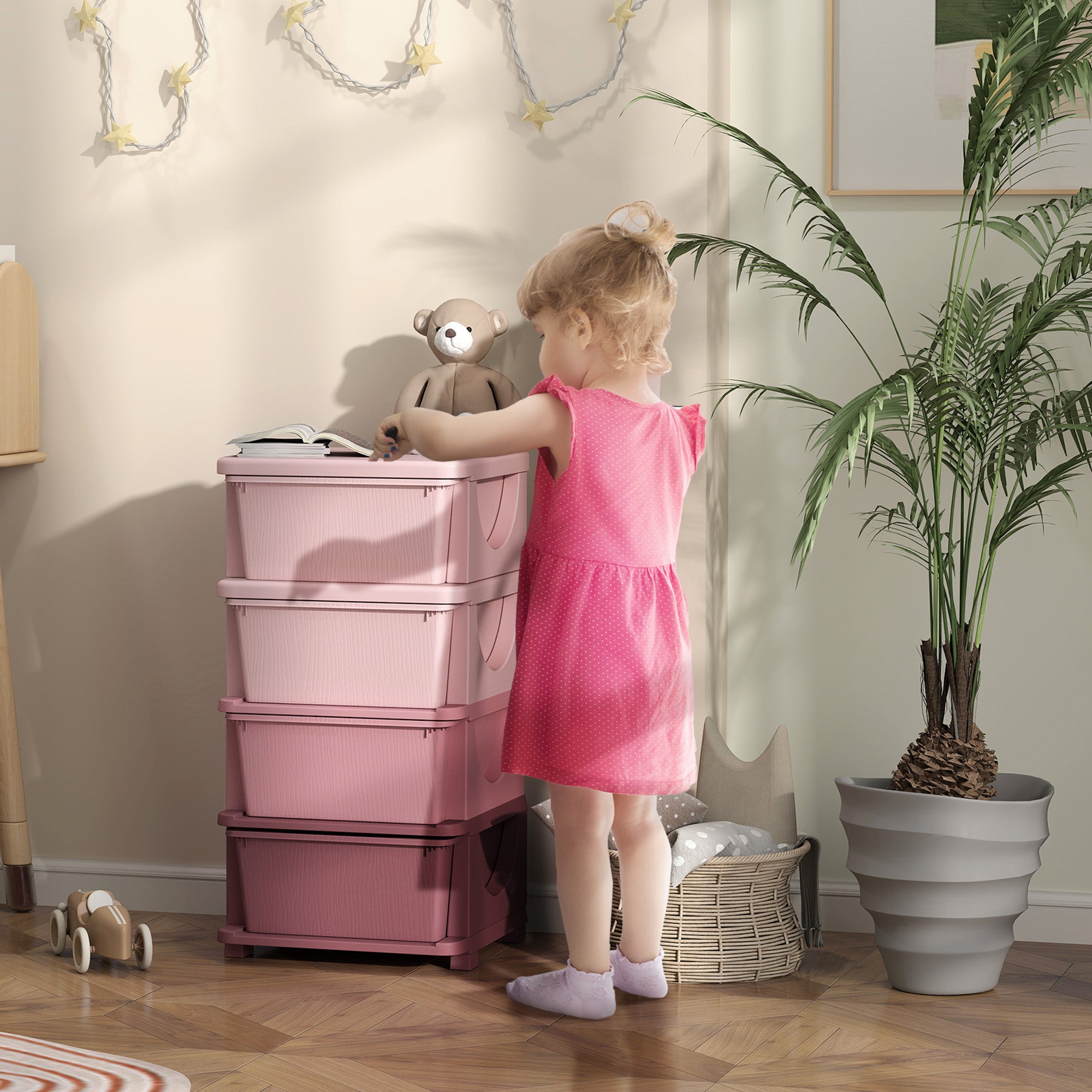 Fynco - Four-Tier Kids Storage Boxes, with Four Drawers, Pink