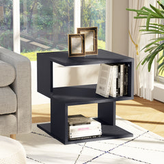 Set of 2 Side Table Square Coffee Table, Modern End Table with 2 Tier Storage Shelves for Living Room, Bedroom, Black