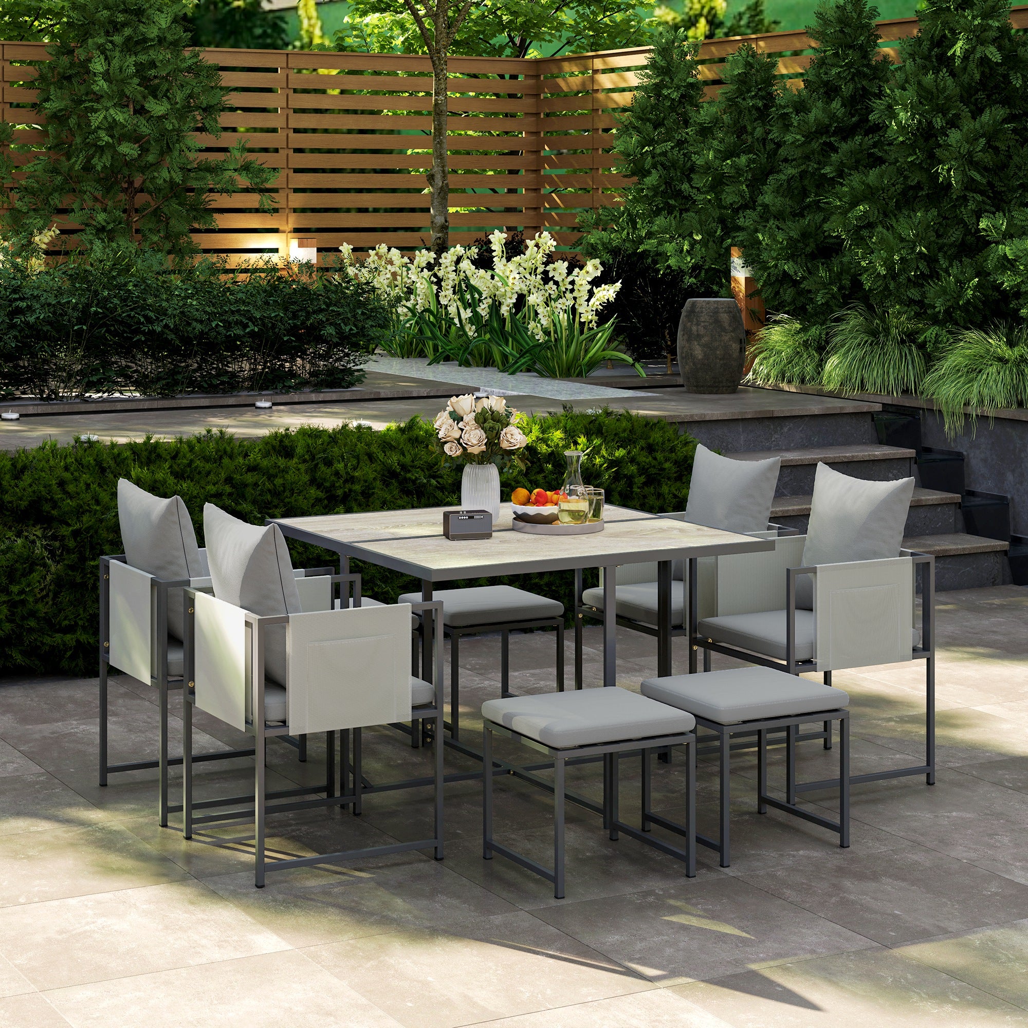 Nine-Piece Steel Frame Garden Dining Set - Grey