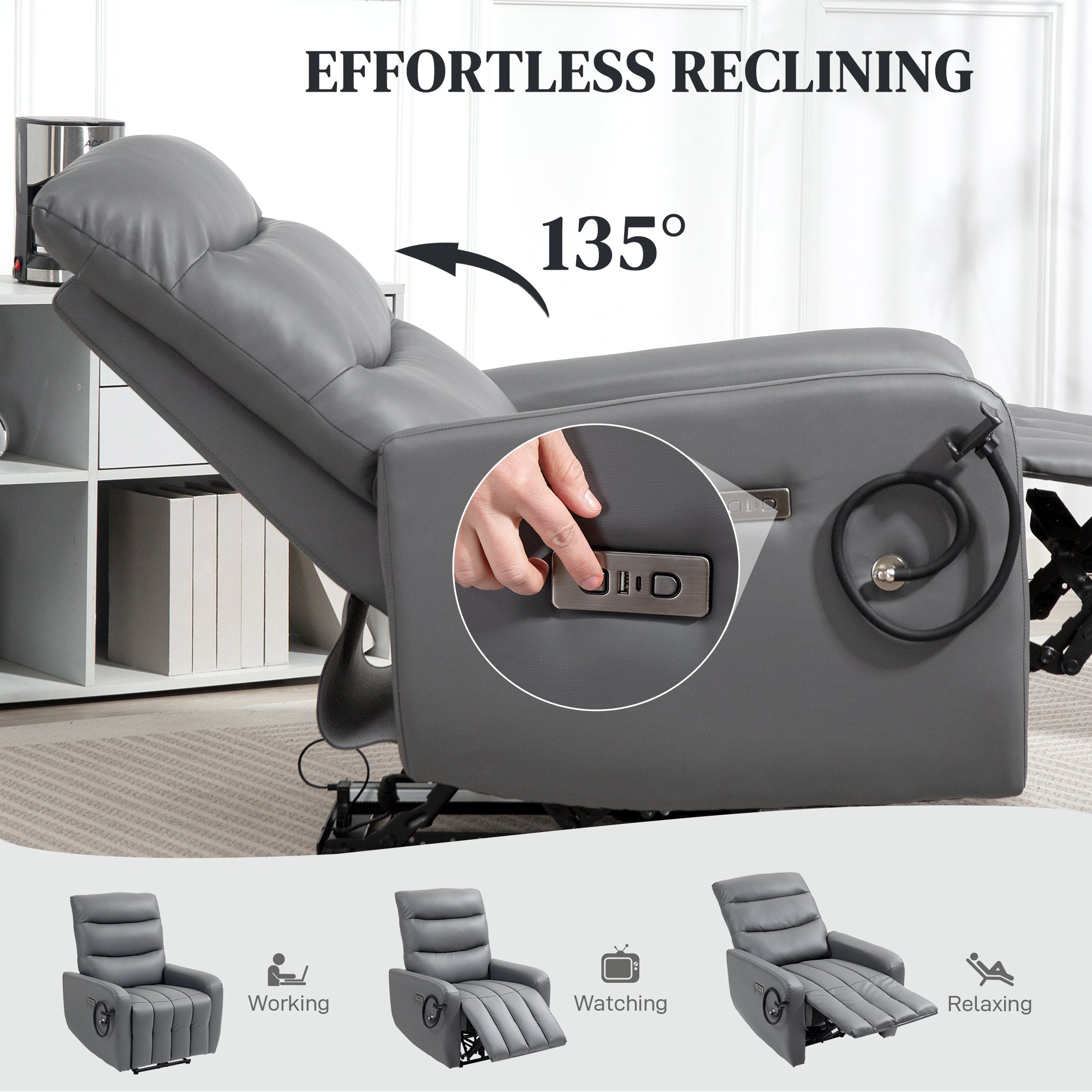 Electric Recliner Armchair with USB + Type C Charge Port, Phone Holder, PU Leather Reclining Chair with Adjustable Leg Rest, Recliner Chair for Home Living Room Theater, Grey