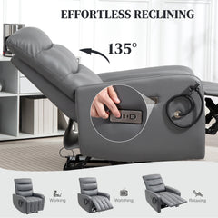 Electric Recliner Armchair with USB + Type C Charge Port, Phone Holder, PU Leather Reclining Chair with Adjustable Leg Rest, Recliner Chair for Home Living Room Theater, Grey