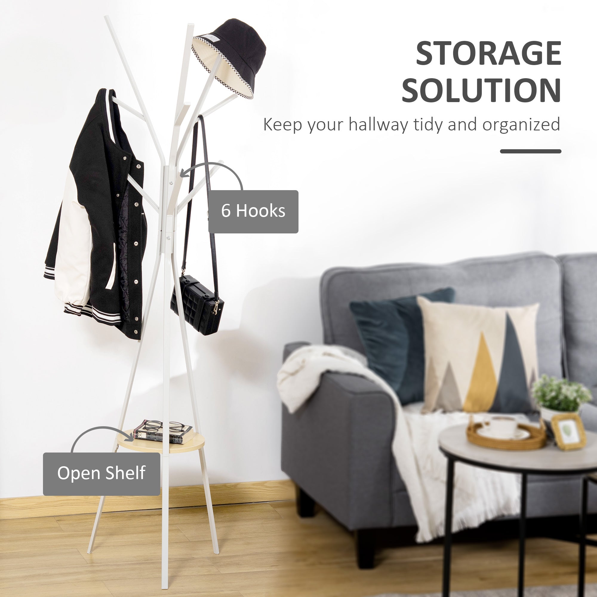 Freestanding Metal Coat Rack Stand 9 Hooks Clothes Tree with 1 Shelf Hat Display Hall Tree Hanger Bag Umbrella Hanging Organiser White