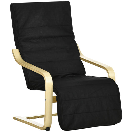 Wooden Armchair, Upholstered Linen Lounge Chair with Adjustable Footrest & Removable Cushion, Poang Chair for Living Room, Black
