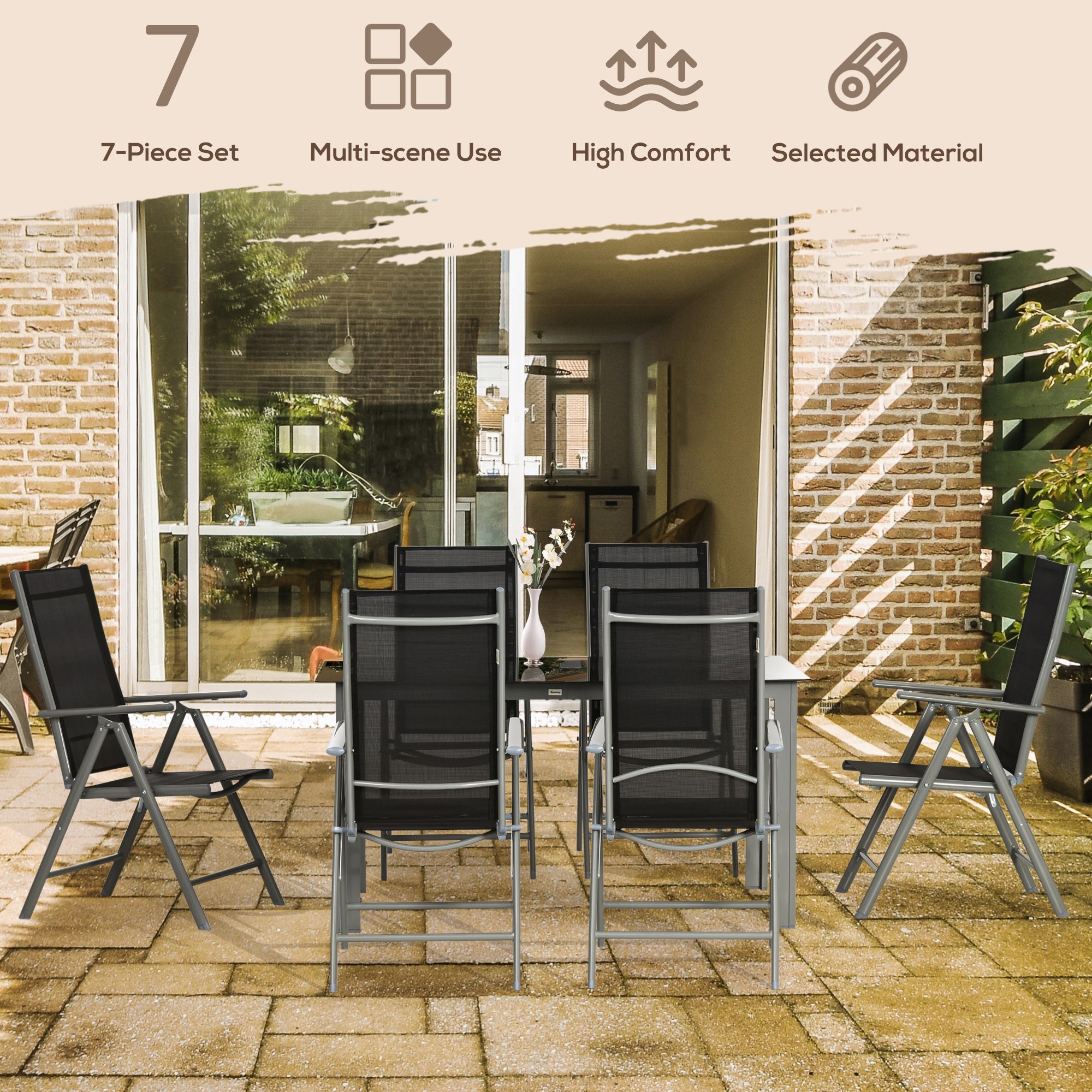 7 Piece Garden Dining Set, Outdoor Table and 6 Folding and Reclining Chairs, Aluminium Frame, Tempered Glass Top Table, Texteline Seats, Black