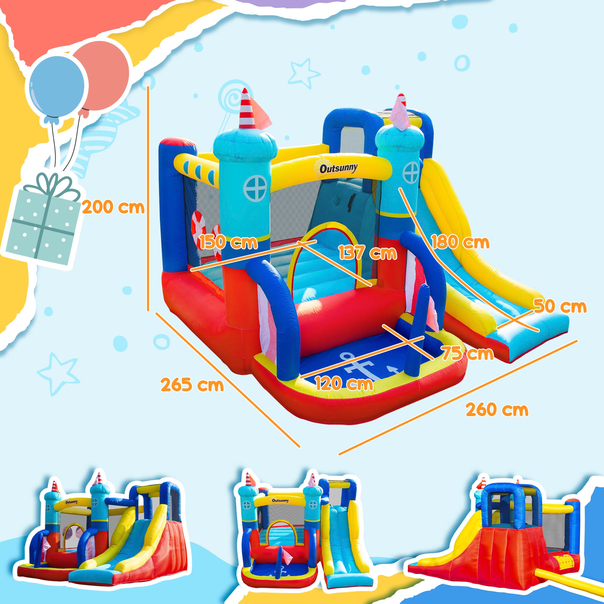Fynco - 4 in 1 Kids Bouncy Castle Large Sailboat Style Inflatable House Slide Trampoline Water Pool Climbing Wall with Blower Carrybag for Kids Age 3-8, 2.65 x 2.6 x 2m