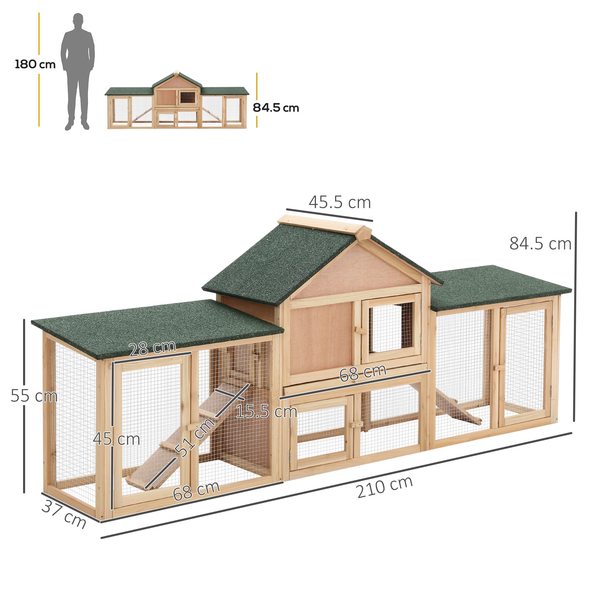Large Rabbit Hutch Outdoor Wooden Guinea Pig Hutch with Run, 2 Storey Bunny House 210 x 45.5 x 84.5 cm