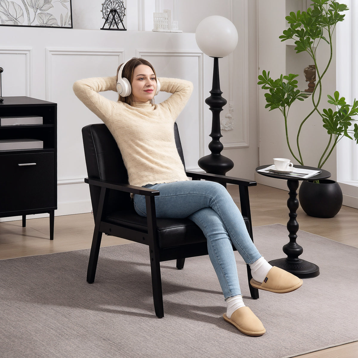 Retro-Style Accent Chair, with Faux Leather Seat - Black