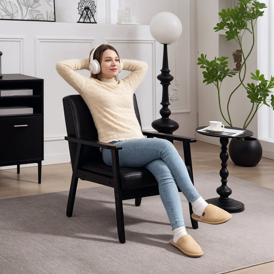 Retro-Style Accent Chair, with Faux Leather Seat - Black