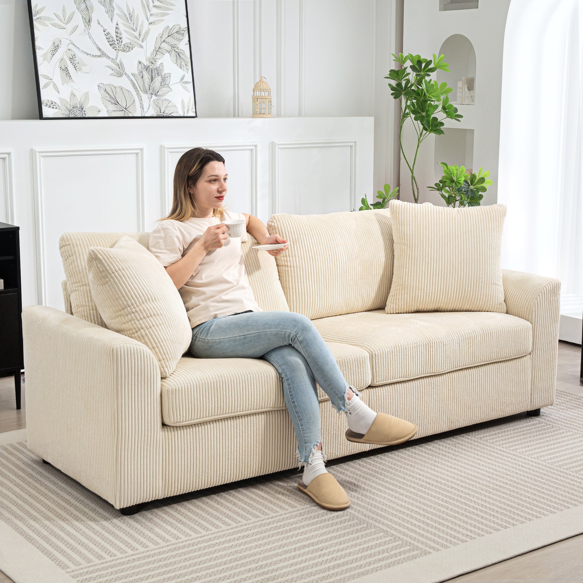 Modern 3 Seater Sofa with Spring Cushion, 212 cm Fabric Jumbo Cord Sofa Couch with 2 Scatter Cushions, Upholstered Corduroy Settee for Living Room, Bedroom, Home Office, Cream White