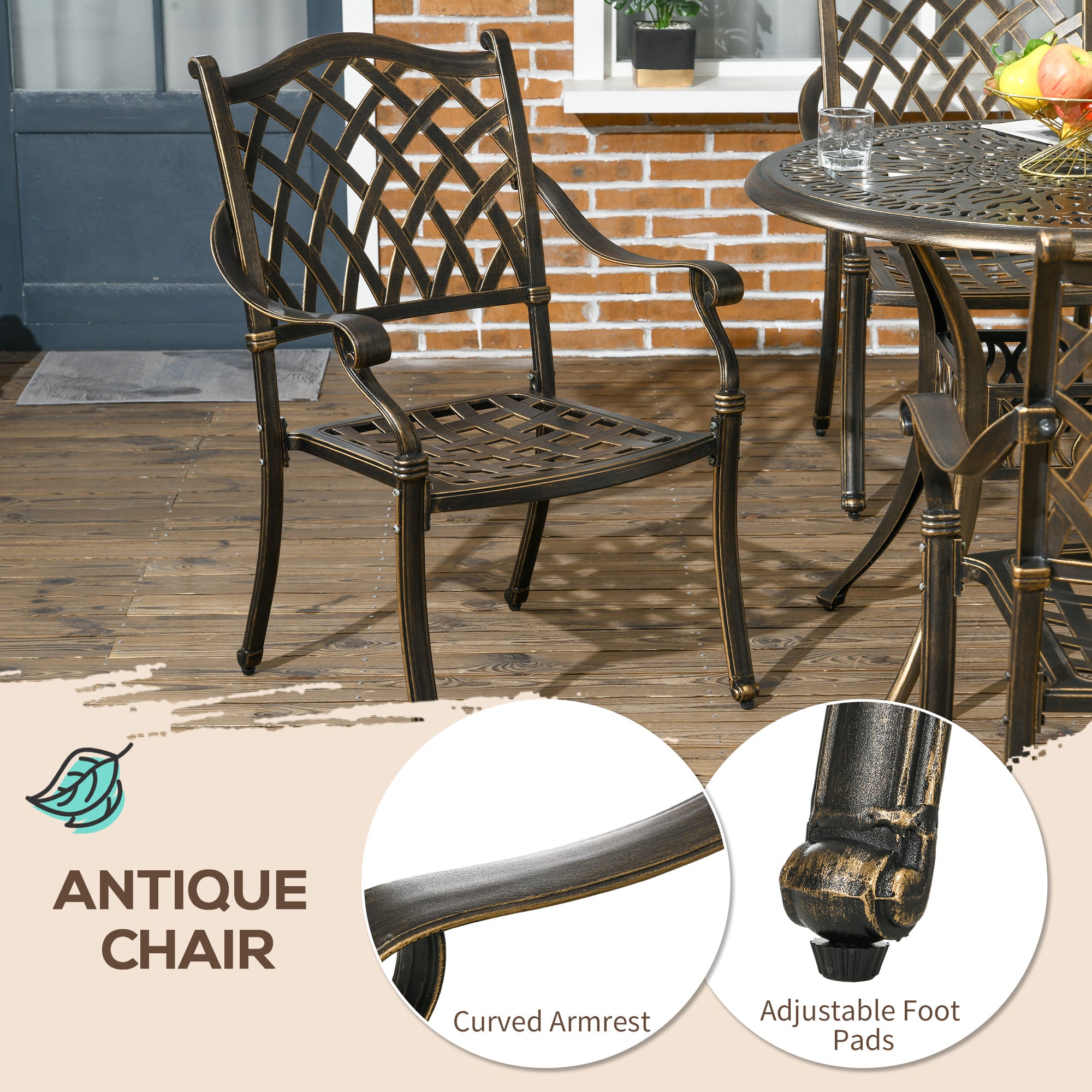 5-Piece Outdoor Furniture Dining Set, Cast Aluminum Conversation Set Includes 4 Chairs and Φ90cm Round Table with Φ50mm Umbrella Hole for Patio Garden Deck, Flower Design