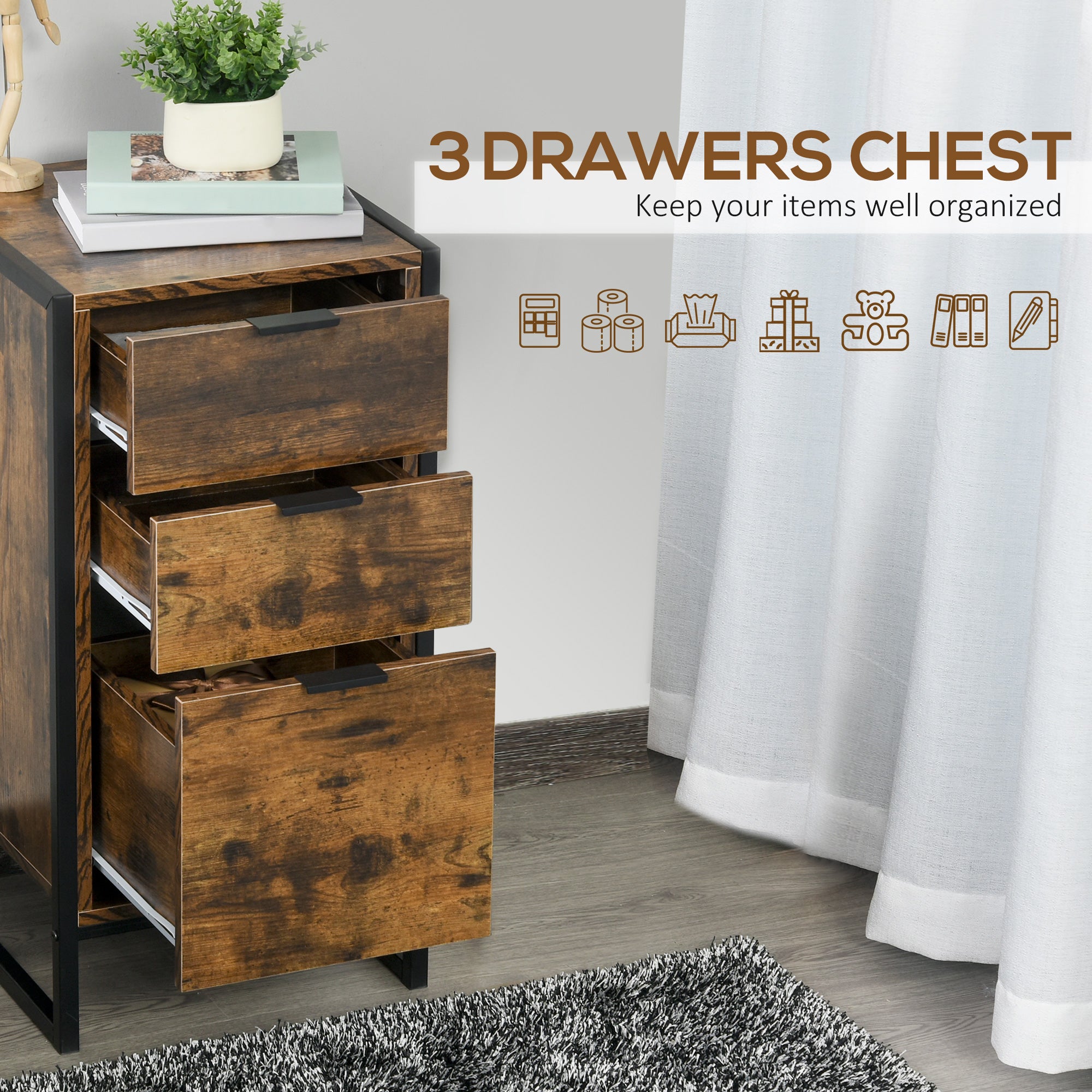 Bedroom Chest of Drawers Set of 2, Industrial 3-Drawer Dresser, Storage Drawers Unit with Metal Frame for Living Room, Rustic Brown