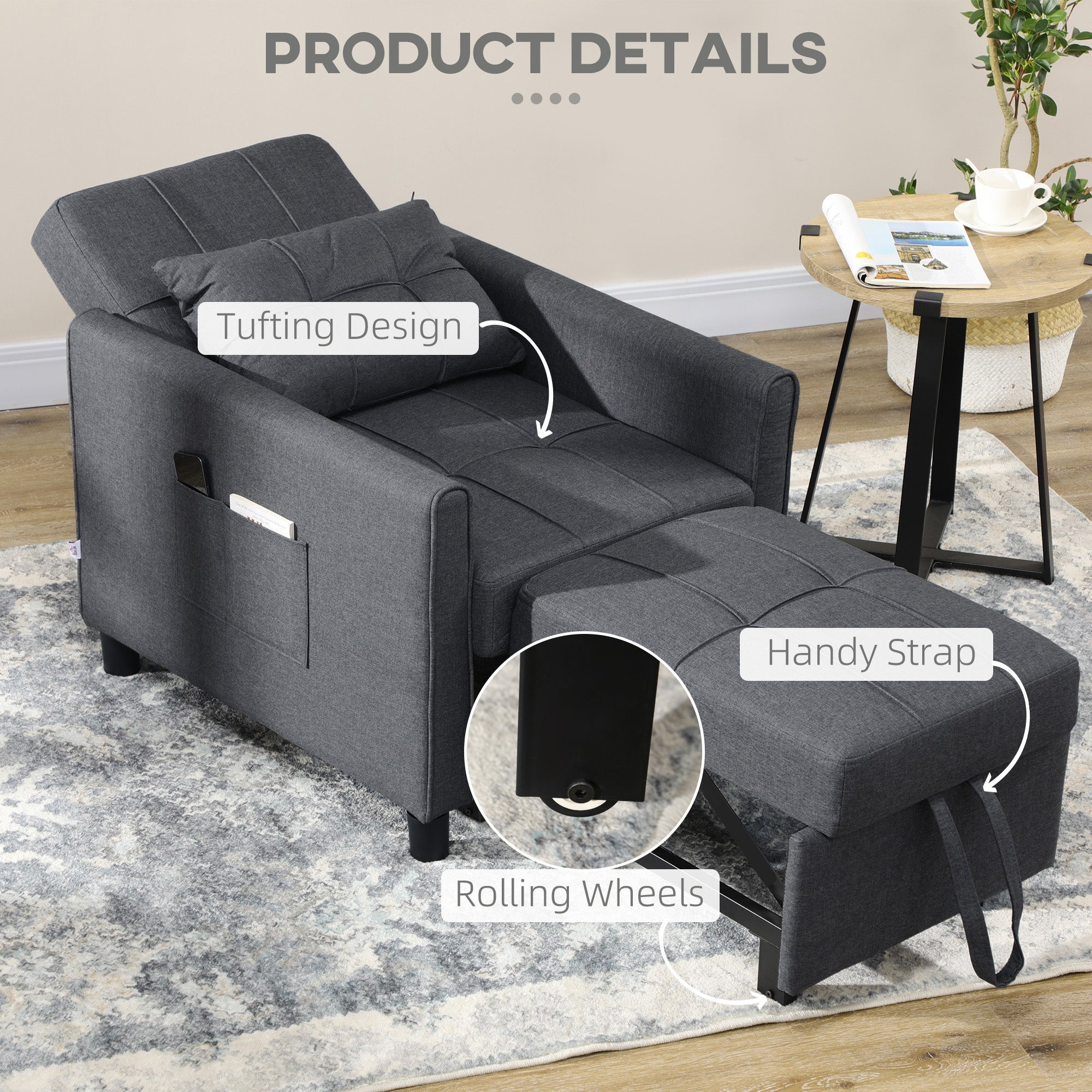 Linen-Look Single Chair Bed - Grey