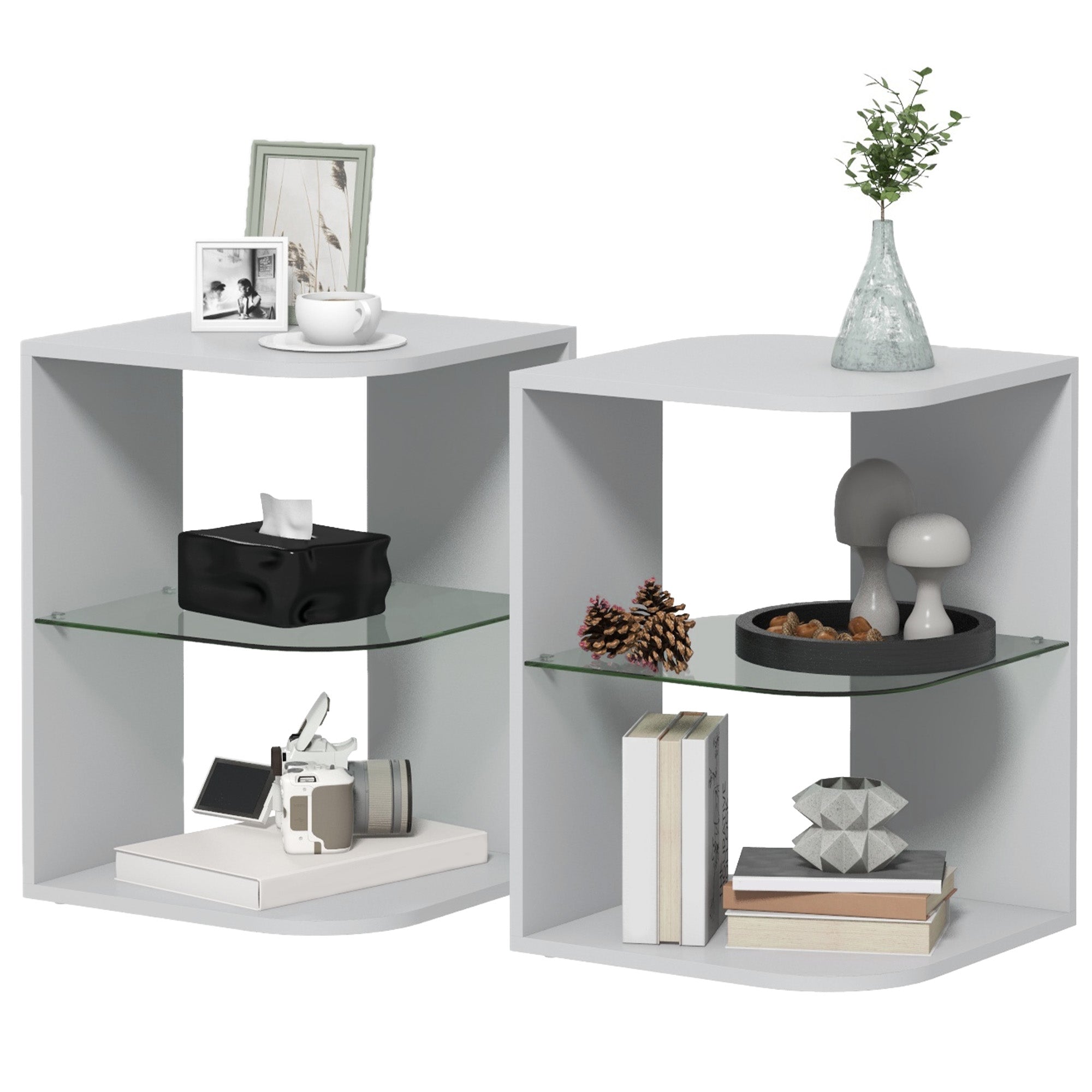 Modern Side Table Set of 2, Three Layer Bedside Table Nightstand with 2 Storage Shelves, for Living room, Bedroom, Grey