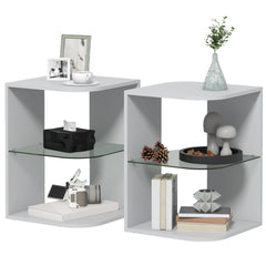 Modern Side Table Set of 2, Three Layer Bedside Table Nightstand with 2 Storage Shelves, for Living room, Bedroom, Grey