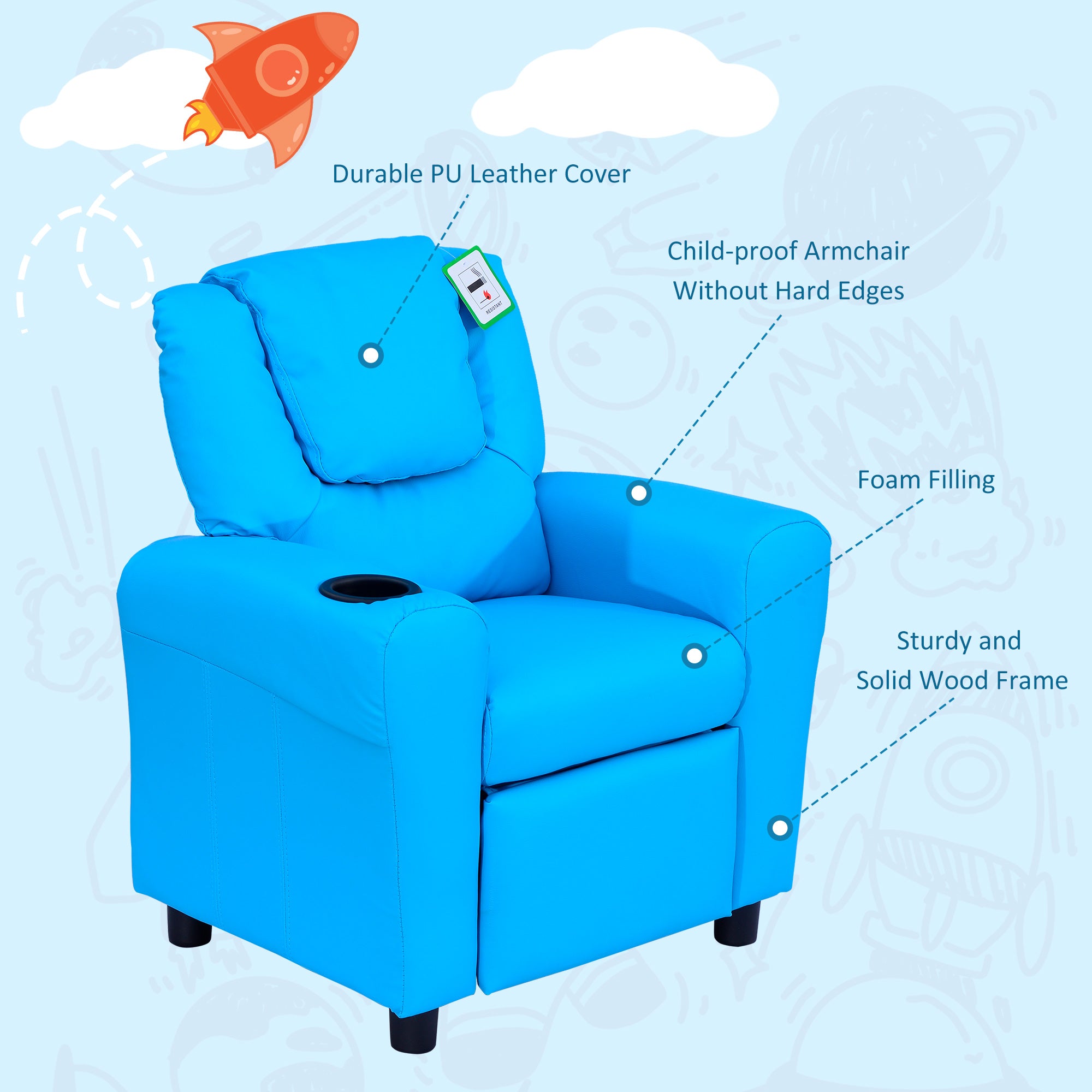 Kids Recliner Chair, PU Leather with Adjustable Backrest, Footrest, Padded Headrest, Blue