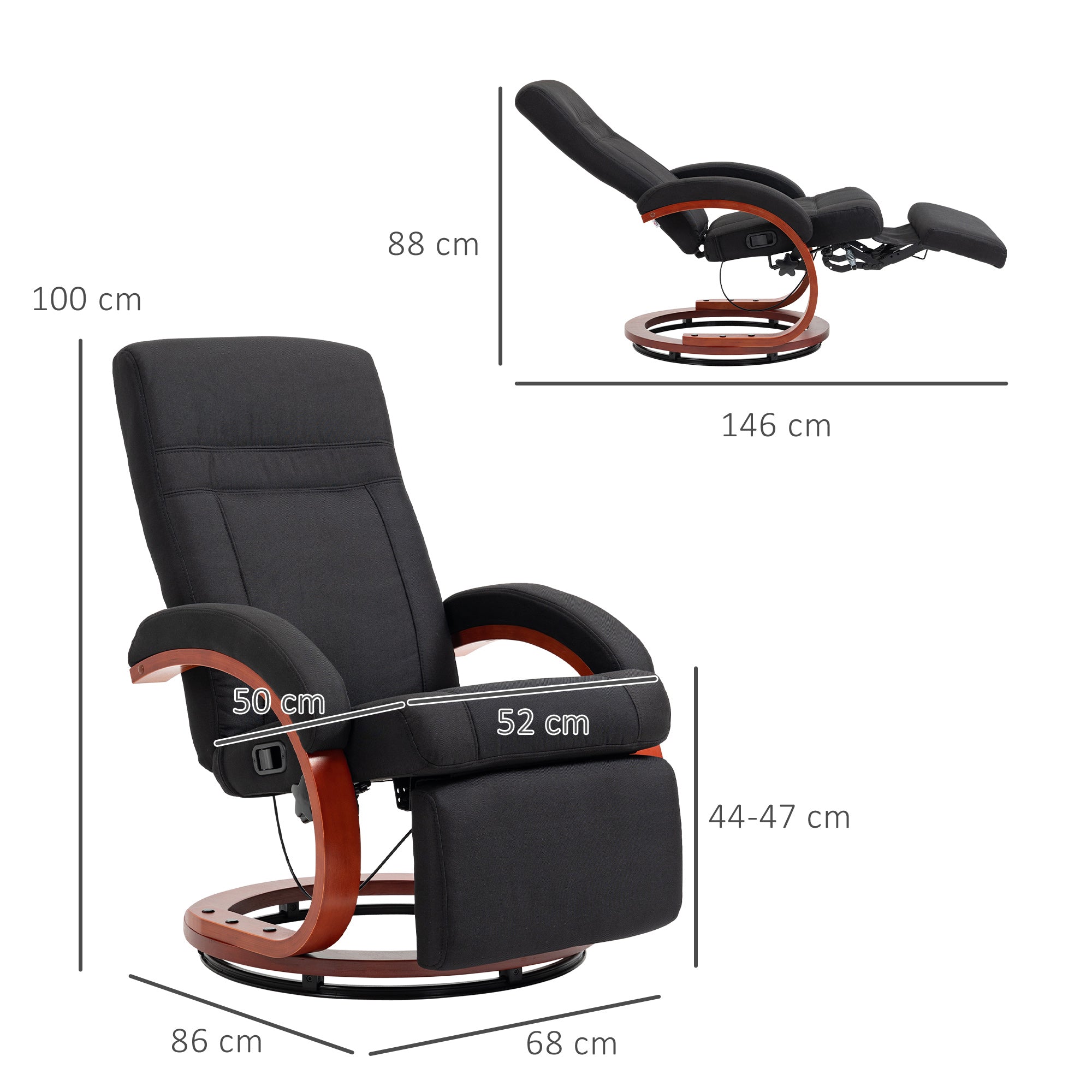 Fynco - 135° Manual Reclining Swivel Chair, with Footrest - Black