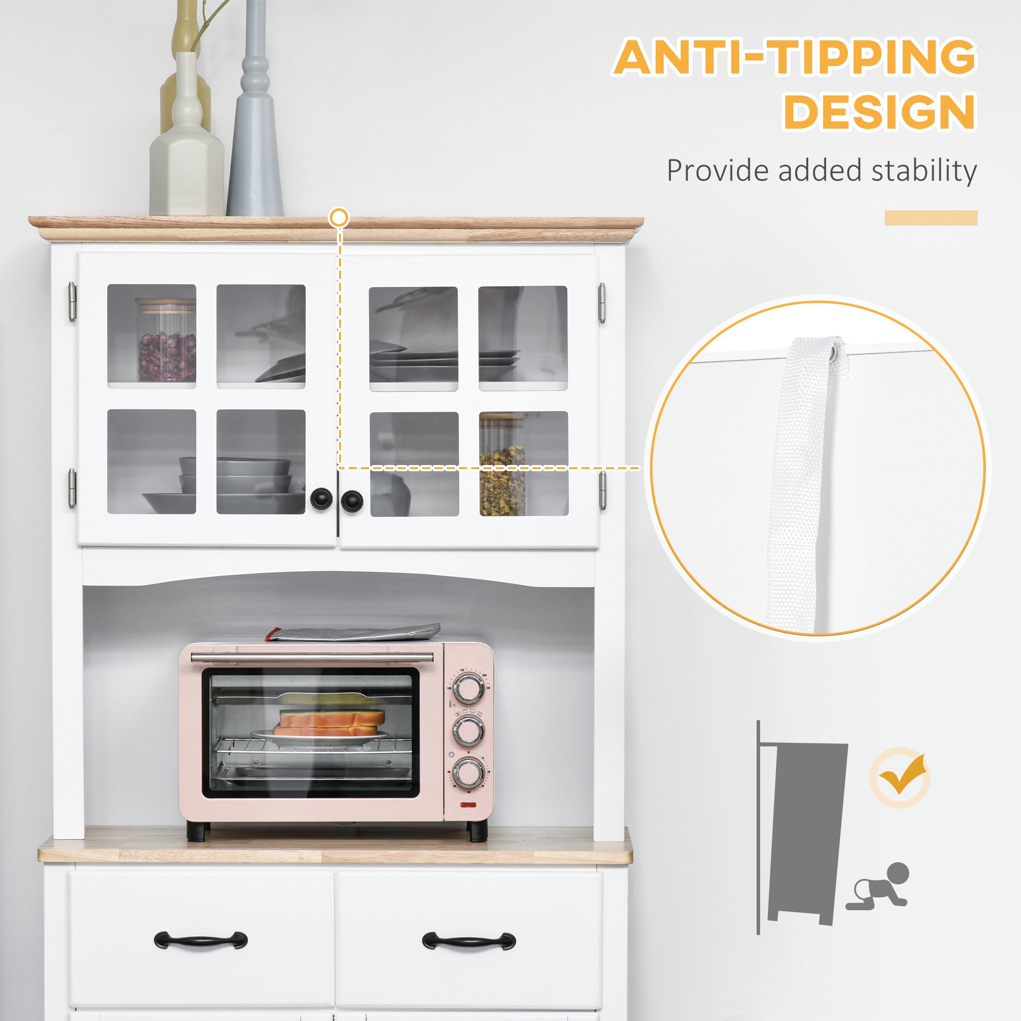 Freestanding Kitchen Cupboard, Kitchen Storage Cabinet with Framed Glass Doors, 2 Drawers, Microwave Counter, White