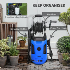 1800W High Pressure Washer, 150 Bar Pressure, 420 L/h Flow, Portable Power Washer Jet Wash Cleaner with Adjustable Nozzle, 6M Hose, Hose Reel, Steel Handle for Home Patio Car Driveway, Blue