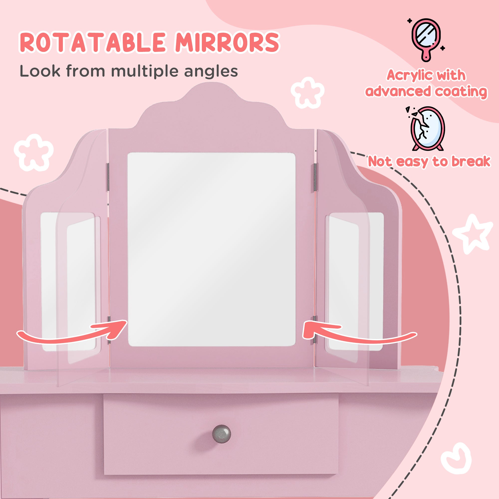Fynco - Kids Vanity Table and Chair Set with Tri-Folding Mirror and Stool, Makeup Dressing Table with Drawer, Pink